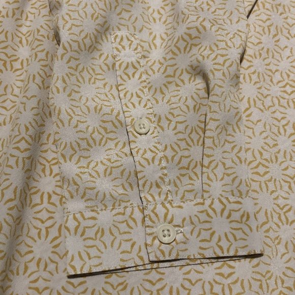 Bass Yellow Print Blouse Adjustable Long Sleeves Notched V Neck  Large 70s Style - Picture 15 of 16